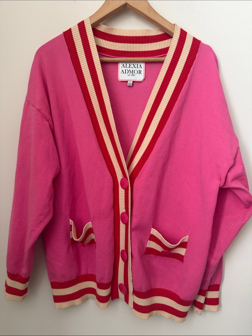 Alexia Admor Hot Pink Cardigan with Cream and Red Trim